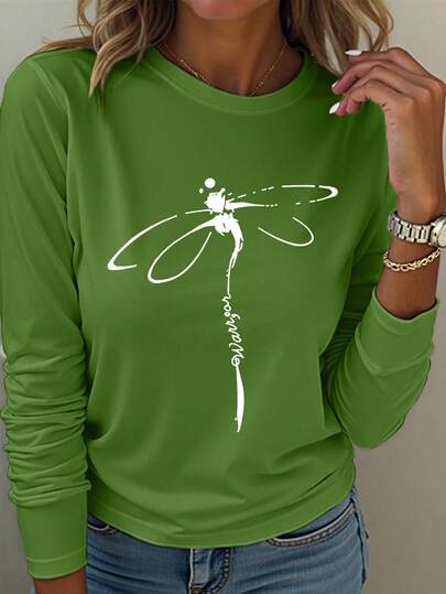 EMERY ROSE Una camiseta de manga larga con cuello redondo, de estilo casual, con estampado creativo de libélula, de talla grande para mujer
