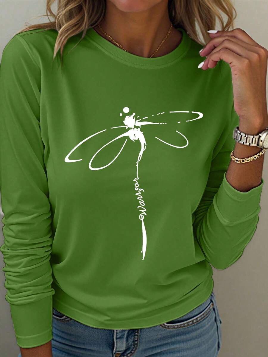 EMERY ROSE A Large-Sized Lady's Dragonfly Creative Copy Printed Casual Round-Neck Long-Sleeved T-Shirt - Green - View 1