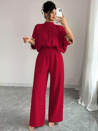 Elenzga 大码女式优雅短袖连体裤，立领，后系带，刺绣袖口，适合日常和派对穿着