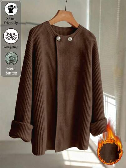 Regalyn Plus Size Women Metal Button Decor Solid Color Knit Cardigan, Casual Versatile Suitable For Christmas, Halloween, Back To School, Vacation, Office Wear