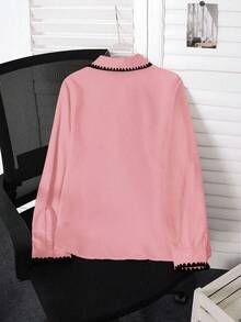 SHEIN LUNE Plus Size Color Block Drop Shoulder Long Sleeve Front Button Casual Elegant Versatile Shirt - Pink - View 2