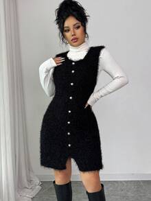 SHEIN Elenzya Vestido mini sin mangas de tweed sólido francés con decoración de botón de metal, elegante vestido de suéter ajustado - Negro - Ver 6