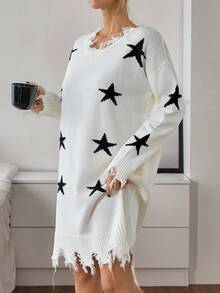 EURMUSE Women Star Pattern Distressed Drop Shoulder Sweater Dress Mini - Black and White - View 5