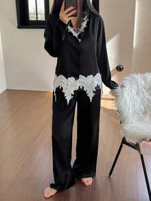 DAZY Charming Satin Contrast Color Lace Trim Decorated Women Pajama Set, Winter Clothes