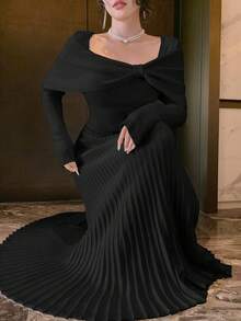 DAZY Váy len cổ vuông lệch màu thanh lịch cho nữ, mùa thu - màu đen - Xem 4