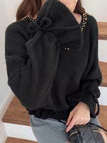 FRIFUL Áo len dệt kim dáng rộng cổ chữ V tay loe thường ngày cho nữ - màu đen - Xem 5