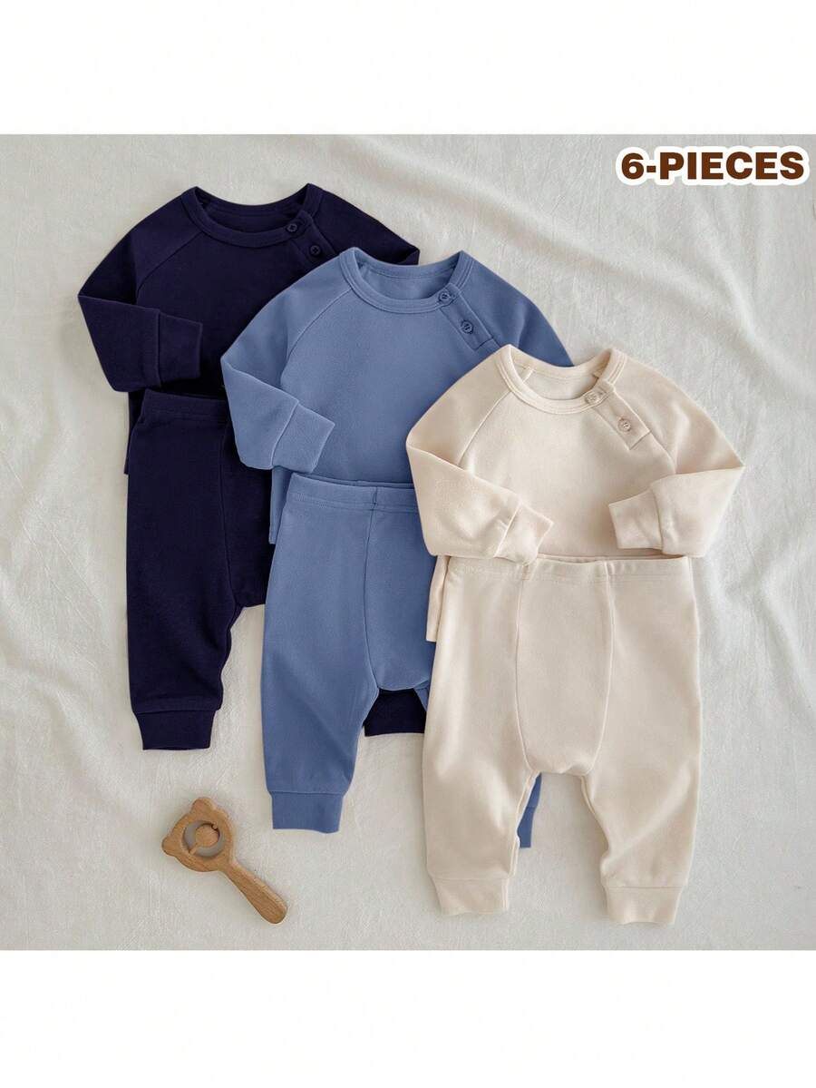 Loomiva 6 Stücke Neugeborenen Baby Jungen/Mädchen Set aus einfarbigem gestricktem weichem Pullover mit Rundhalsausschnitt und Langarm sowie Hose mit elastischem Bund - Verschiedenfarbig - Übersicht 1