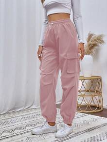 SHEIN Unity Casual Solid Color Drawstring Cargo Pants - Baby Pink - View 5