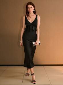 MOTF PREMIUM FASHIONABLE SATIN CONTRAST LACE CHIFFON ROMANTIC RUFFLE TRIM DRESS - Black - View 5