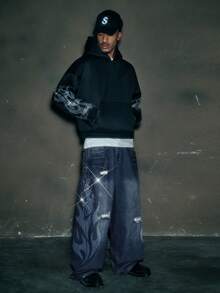 AXEPEAK Quần dài nam dáng rộng, in họa tiết đính đá, quần jeans ống rộng độc đáo, quần jeans rách họa tiết dành cho nam. - Màu xanh lam - Xem 3