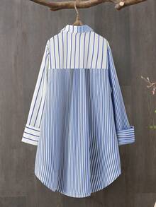 Linhara Plus Size Women Striped Long Sleeve Casual Loose Button-Up Shirt Fall Cloth For Women - Blue - View 2