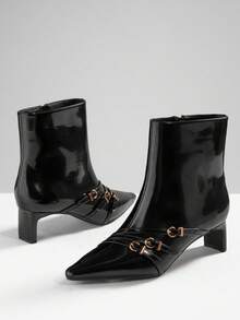 SHUZIA Women's Glamorous Sexy Pointy Toe Block Heel Zip-Up Ankle Boots For Christmas - Black - View 1