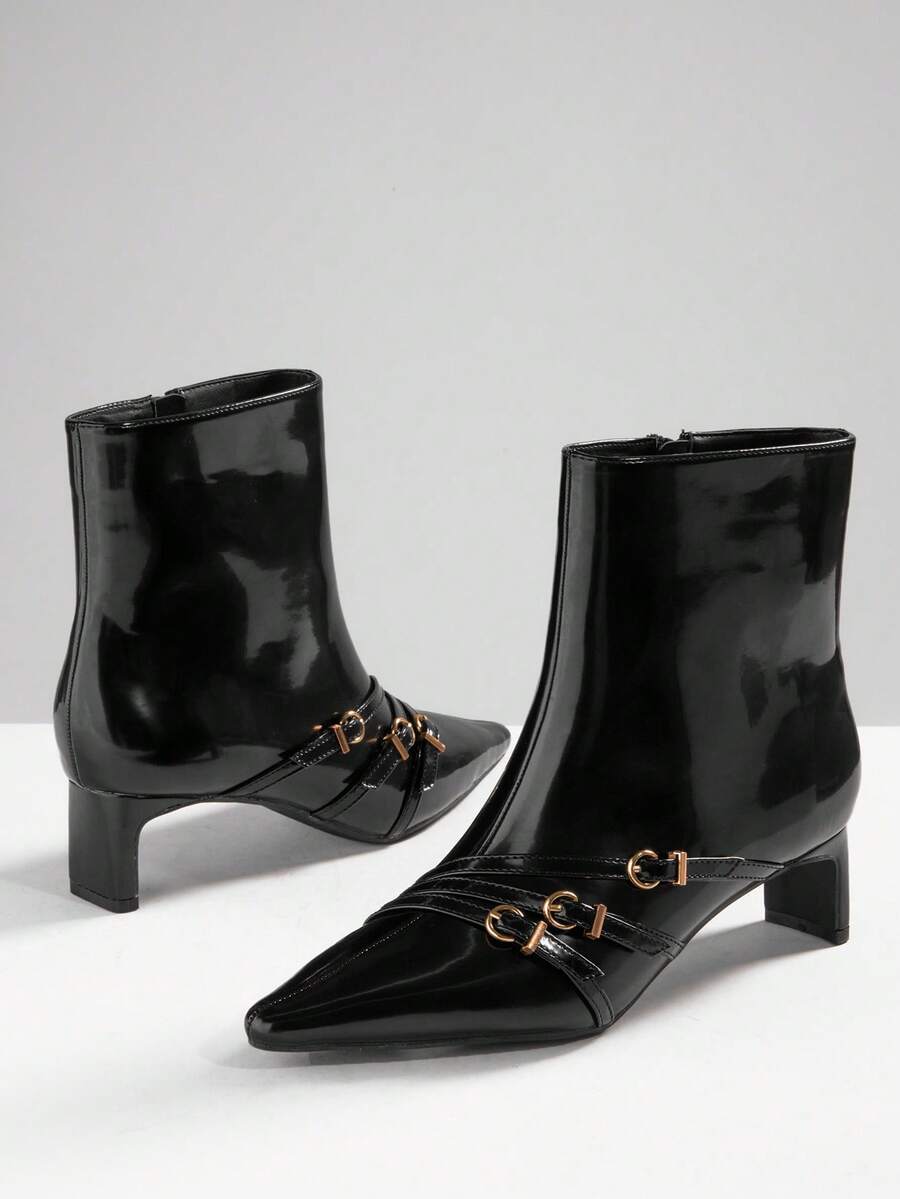 SHUZIA Women's Glamorous Sexy Pointy Toe Block Heel Zip-Up Ankle Boots For Christmas - Black - View 1