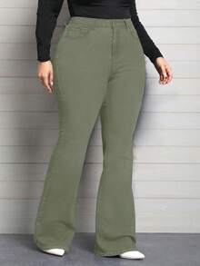 EMERY ROSE Plus Size Women Elastic Waist Pockets Casual Flared Jeans - Army Green - View 3