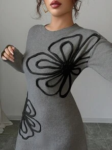 Elenzga Elegant 3D Floral Decor Knitted Dress, Autumn/Winter