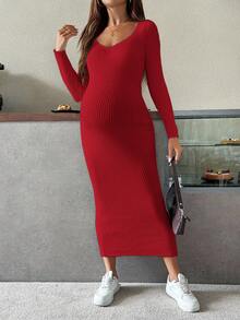 SHEIN Pregnant Women's Solid Color Knitted Ribbed V-Neck Sweater Dress - Red - View 6