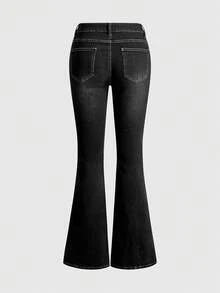ROMWE Quần jeans cỡ lớn kiểu Gothic thêu mạng nhện, màu xanh đậm cổ điển - màu đen - Xem 2