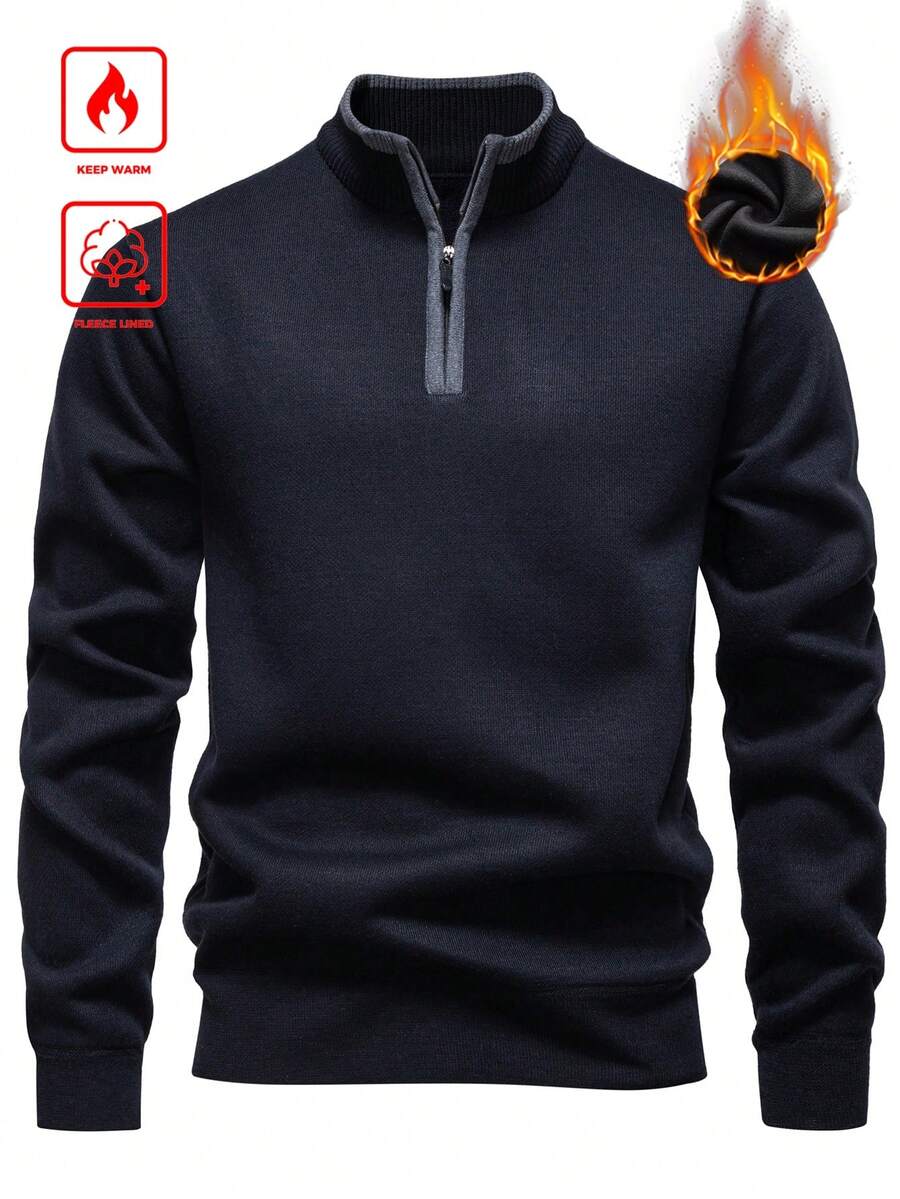 Manfinity Mode Men's Long Sleeve Thermal Lined Half-Zip Pullover Sweater With Thermal Lining, Autumn/Winter Men Sweater Top Jumper Knit Wear - Grey - View 1