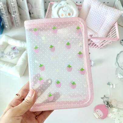 Joivida 1个可爱草莓天使翅膀设计透明拉链收纳袋，防水耐用面料，适用于明信片、日记本、小物件、家居办公收纳、预算规划等。