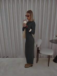 MUSERA 罗纹长袖圆领修身长款连衣裙，街头风可爱优雅休闲性感外出太妃糖派对优雅装扮 - 深灰色 - 查看 4