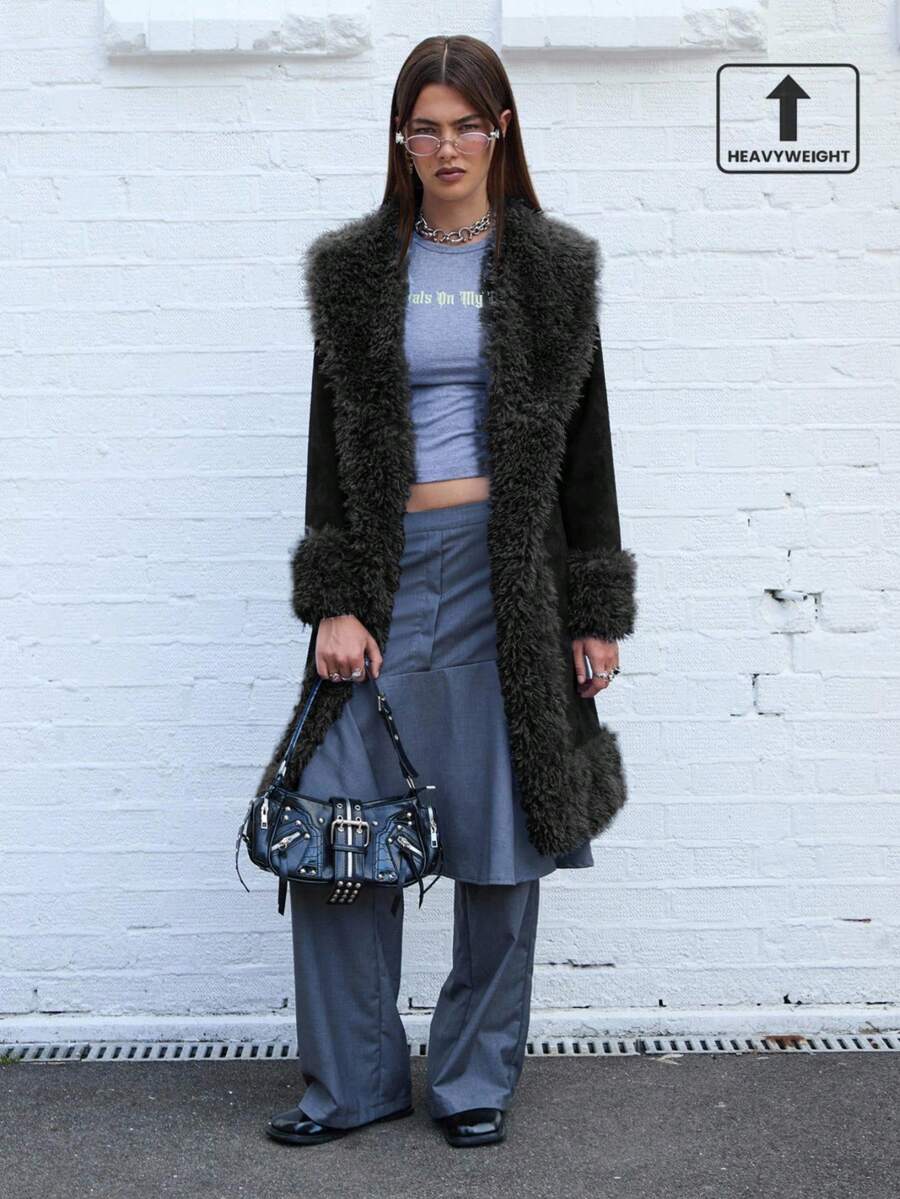 COUREZ 仿皮草长款大衣 /Y2K 秋季女装 冬季女装 女士冬季夹克 女士冬季外套 - 黑色 - 查看 1