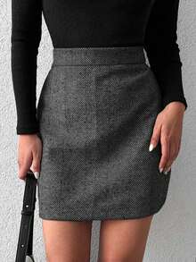 EURMUSE Women's High Waist Herringbone Elegant Bodycon Mini Skirt - Grey - View 6