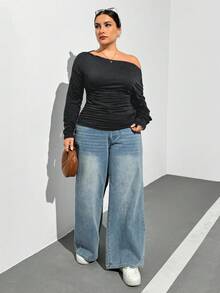 SHEIN Essnce 大码女装秋季女装新款时尚休闲通勤商务女装优雅纯色针织黑色T恤长袖上衣，露肩T恤曲线上衣长袖女上衣 - 灰色 - 查看 5