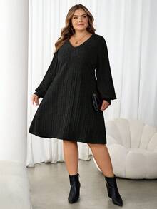 SHEIN CURVE+ Váy ngắn tay dài dệt kim chải kỹ màu nâu cỡ lớn dành cho nữ mùa thu đông - màu đen - Xem 8