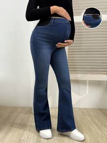 SHEIN Umstandsjeans mit Kontrastfarbe, Tasche und schmalem Bein mit Schlag - Dunkle Waschung - Übersicht 1