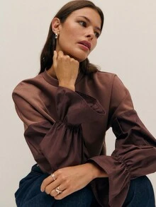 Nöista Brown Long Sleeve Top With Puffy Sleeves Incontrast Color  Different Quality. Spring Women's Clothing Elegant Vaccay Holidays Summer.   Vacation Luxury Going Out  Wedding  Party    Festival  Holiday  Summer - Coffee Brown - View 1