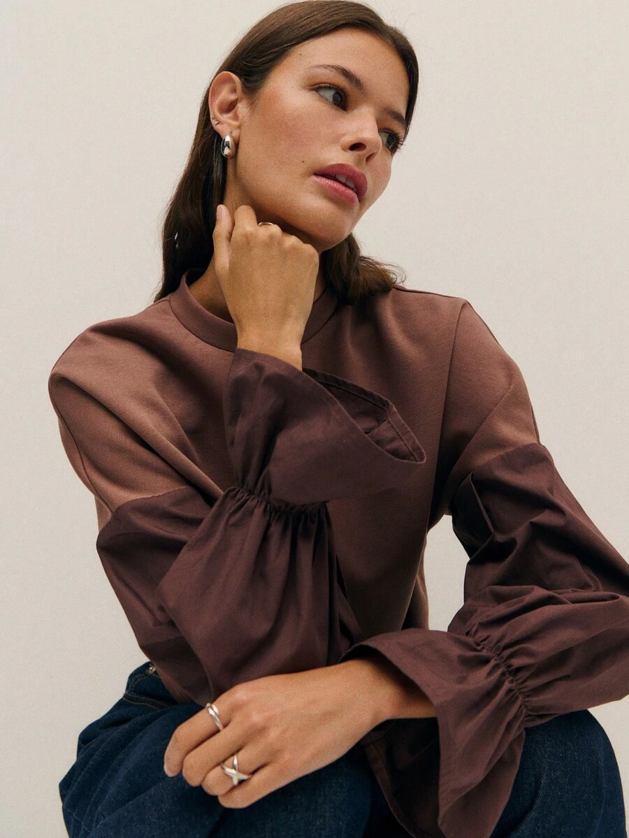 Nöista Brown Long Sleeve Top With Puffy Sleeves Incontrast Color Different Quality. Spring Women's Clothing Elegant Vaccay Holidays Summer. Vacation Luxury Going Out Wedding Party Festival Holiday Summer - Coffee Brown - View 1