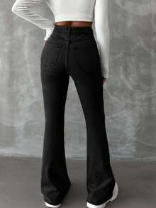 SHEIN Tall TALL 98%Cotton Solid Color Slanted Pocket Casual Flared Jeans Flare Jeans Women Black Flare Jeans Black Flare Pants Wide Leg Jeans - Dark Wash - View 2