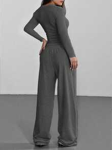 SHEIN EZwear 两件套休闲百搭深灰色T恤和裤子，大码 - 深灰色 - 查看 2