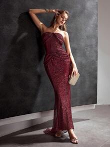 MOTF Soiréza WOMEN'S SEQUIN BANDEAU LONG PROM DRESS - Burgundy - View 6