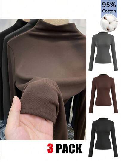 SHEIN LUNE 3 peças 95% algodão cor sólida casual e versátil gola alta manga comprida camisetas para mulheres, preto, cinza e marrom, outono e inverno elegante, formal, casual, aconchegante chique, fino e versátil, versátil para D