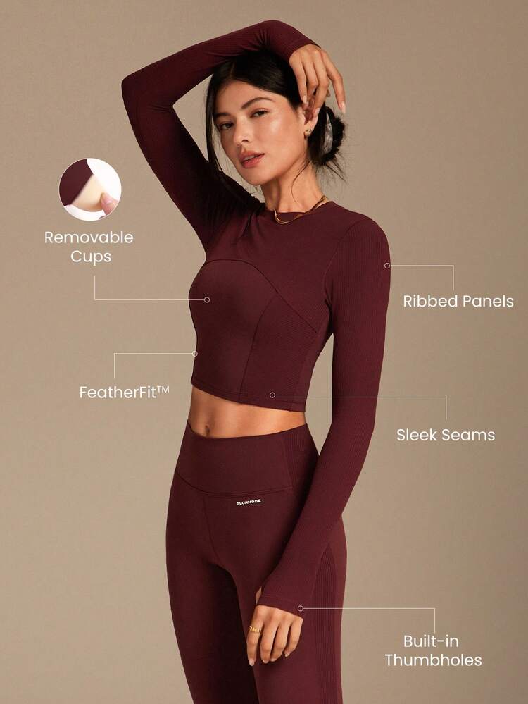FeatherFit™ Soft Stretchy Ribbed Seam-Dividing Design Long-Sleeve Tee Top Low Impact Yoga Pilates Studio Daily Casual Wear Removable Cups