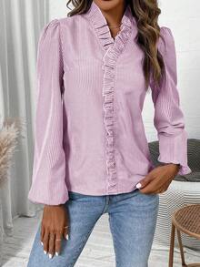 SHEIN LUNE 女士休闲条纹印花荷叶边衬衫 - 紅白色 - 查看 6