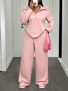 Slaydiva Novos Lançamentos de Outono e Inverno 2025, Roupas Femininas de Outono/Inverno - Conjunto de Camiseta Solta com Zíper na Frente de Manga Longa Rosa e Calça Pantalona com Bolso, Conjunto de Roupas Plus Size Feminino, Tecido Macio