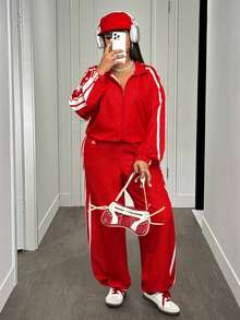 Slaydiva 秋冬新品 / 女士秋季服装 / 万圣节 / 秋季 / 冬季女士新款休闲运动长袖开衫短裤红白两件套 - Z - 紅白色 - 查看 11