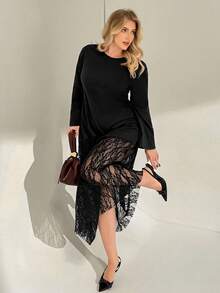 Auralis 大码女装秋冬时尚优雅舒适日常黑色长连衣裙，蕾丝边饰，喇叭袖，适合晚宴、秋季穿搭、曲线身材。 - 黑色 - 查看 4