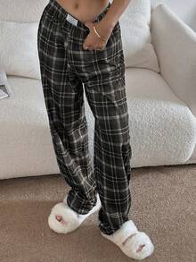 SHEIN 女士休闲格子印花弹力腰直筒睡裤，秋冬季