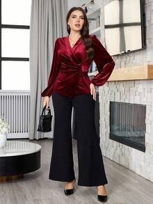 Modelyn 大码优雅通勤纯色裹身灯笼袖衬衫 - 酒紅色 - 查看 6