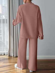 EURMUSE Women Button Detailed Sweater And Pant Set - Dusty Pink - View 2