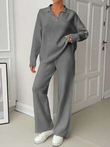 EURMUSE Woman Loose Fit Comfy Warm Thick Polo Neck Sweater And Pants Co-Ords Two Pieces Set - Grey - View 9