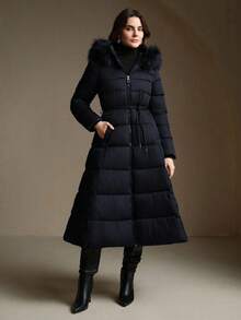 Anewsta 女士冬季新款羽绒服，优雅简约长款过膝连帽可拆卸毛领腰带A字下摆时尚羽绒服 - 藏蓝色 - 查看 4