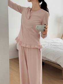 DAZY Conjunto de pijama de mujer con rayas y volantes, ropa de invierno - Rosa - Ver 5