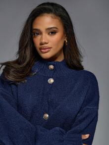 MISSGUIDED Cárdigan de punto con botones y herrajes dorados, cuello alto, manga larga, holgado, acogedor para otoño e invierno - Azul Marino - Ver 3