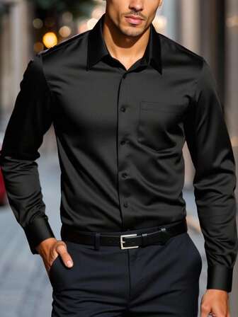 Manfinity Mode Men's Business Casual Long Sleeve Black Dress Shirt, Black Button Down Shirt, Outdoor Music Festival, Nightclub Bar, Boyfriend/Husband Gift, Anniversary Gift, For Fall, Old Money