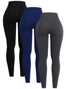 SHEIN Sports 女士纯色弹力腰带休闲健身紧身裤3条装瑜伽裤套装 - 彩色 - 查看 2