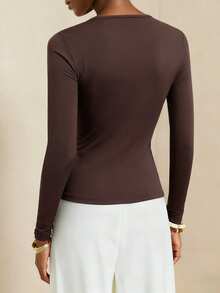 Lyxana Women's Long Sleeve T-Shirt, Transformable Collar, Metal Buckle Decor, Casual Slim Fit, Brown, Suitable For Spring, Summer, Autumn, Winter - Coffee Brown - View 2